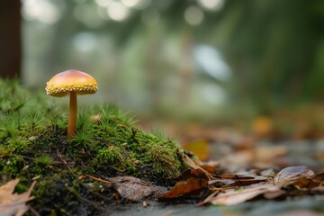 Fototapeta premium Vibrant mushroom growing in mossy forest under soft natural light
