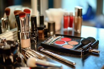 Assorted makeup and brushes on a vanity with lipsticks and powder palettes