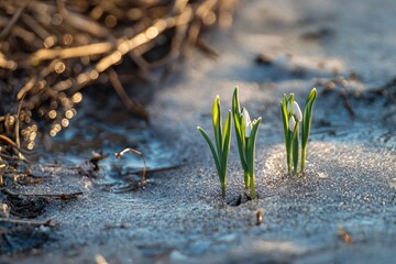 Early spring snowdrops emerging through melting frosty ground