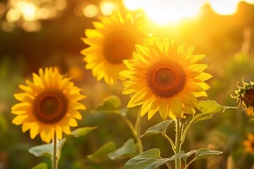 Obraz premium Sunlit sunflowers in bloom during golden hour in a tranquil garden setting