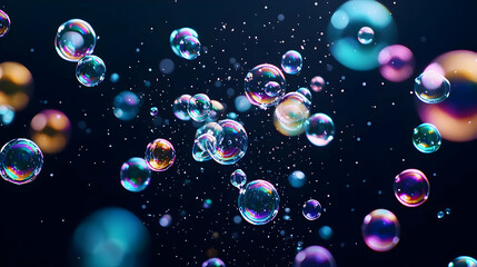 Colorful Floating Soap Bubbles with Iridescent Reflections Against a Dark Blue Background