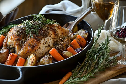 Roasted Dinner: A mouthwatering roasted chicken is nestled amidst colorful carrots and potatoes. Garnished with fresh rosemary, a warm invitation to a delightful dining experience.