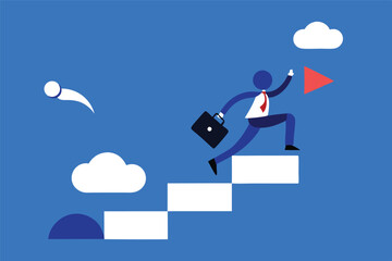 Business success, career ladder, achievement metaphor, blue and white color scheme, minimalist design, geometric shapes, cloud icons, businessman figure, briefcase, red flag, upward trajectory