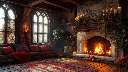 Obraz premium Cozy evening by the fireplace rustic living room interior design warm atmosphere inviting ambiance