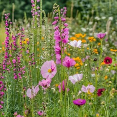 Fototapeta premium Vibrant Wildflower Meadow Blooming Summer Cosmos Flowers