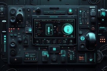 Futuristic control panel with glowing displays and audio equipment
