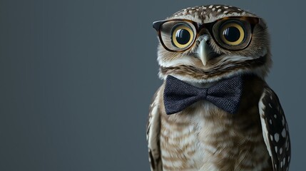 Fototapeta premium A fashionable owl, sporting a dapper bow tie and smart glasses, strikes a confident pose in front of a sleek gray backdrop