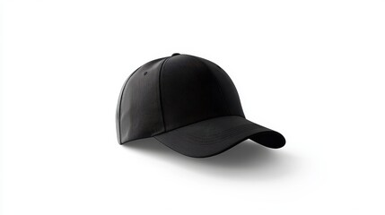 Fototapeta premium A black baseball cap, its brim turned slightly to the right, rests on a pristine white background, its edges sharply defined by a precise clipping path, ready for seamless integration into any 
