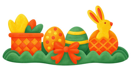 Fototapeta premium Cheerful Easter Bunny with Decorated Eggs and Chick
