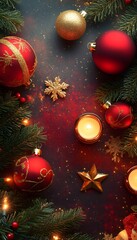 Festive Christmas arrangement featuring ornaments candles and evergreens elements