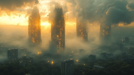 Golden Metropolis Rising: A Vision of Futuristic Architecture Piercing Through the Haze, Bathed in the Warm Glow of Sunset