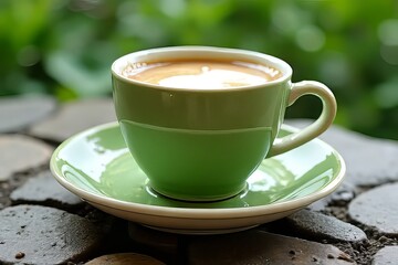 Fototapeta premium Green Coffee Cup with Latte Art on Outdoor Patio