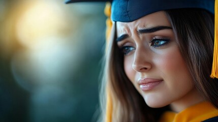 A graduate with a bittersweet expression wearing a cap and gown with a yellow tassel in a blurred outdoor background. Generative AI