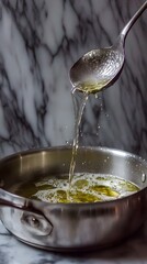 Liquid Gold Pour: A close-up of a spoon pouring a stream of liquid into a pan. This food photography piece is a symphony of textures and light.