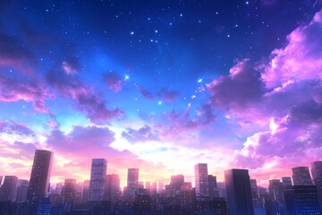 Obraz premium Magical city skyline at twilight with vibrant purple and blue sky, stars, and fluffy clouds.