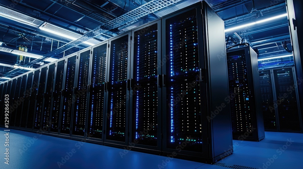 Aufkleber High tech data center with illuminated server racks and modern cooling systems. Ideal for cloud computing, cyber security, and data storage