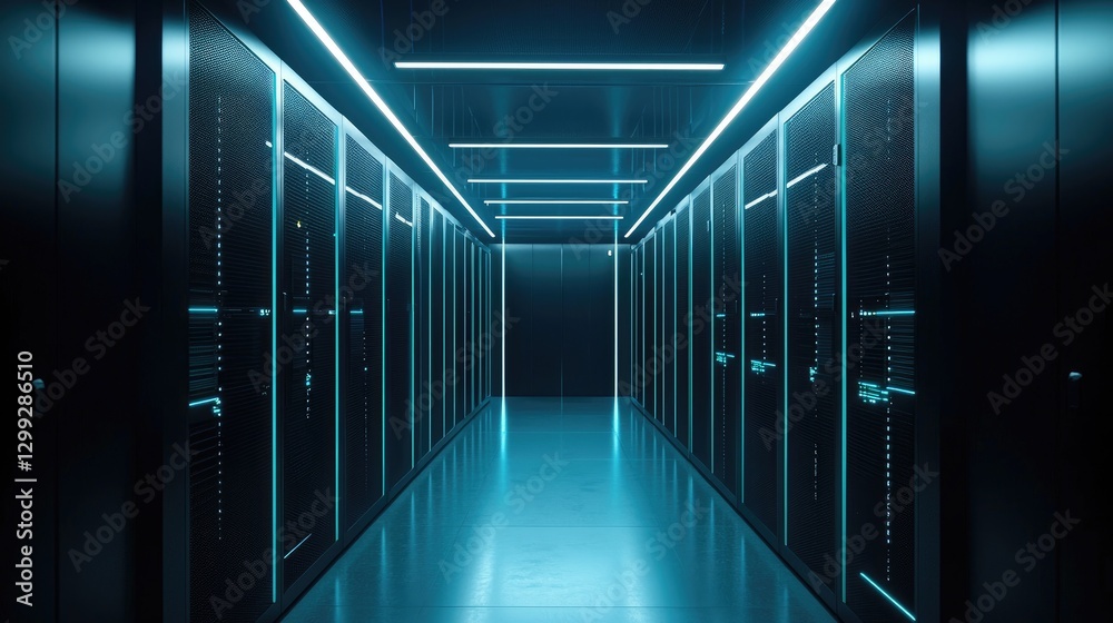 Poster futuristic data center corridor with glowing blue lights and sleek server racks. ideal for cloud com