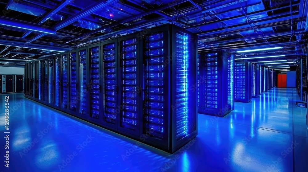 Fototapete futuristic data center with illuminated server racks and blue led lighting. ideal for cloud computin