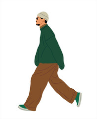 Young stylish man walking side view. Asian man wearing modern street fashion outfit, sneakers, beanie hat, sunglasses. Cartoon male character vector realistic illustration isolated on white background