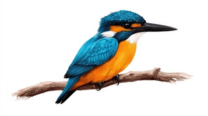 Fototapeta premium Vivid Kingfisher Perched on Branch, White Background
