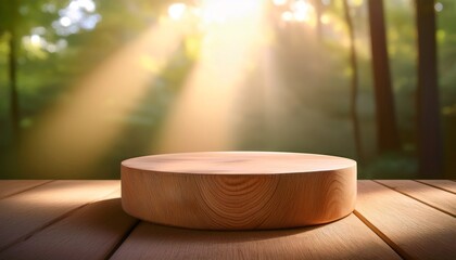 Natural wood pedestal for product placement and advertisement with visible grain patterns, illuminated by soft morning sunlight, perfect for showcasing organic or artisanal products