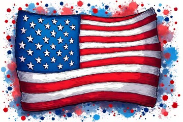 Fototapeta premium Hand Drawn American Flag with Watercolor Splatters - Patriotic Design for Independence Day
