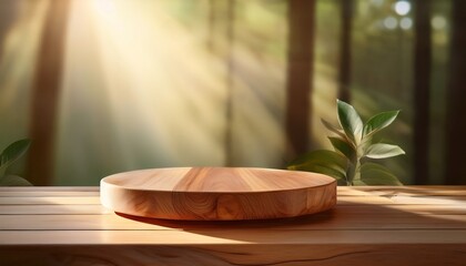 Natural wood pedestal for product placement and advertisement with visible grain patterns, illuminated by soft morning sunlight, perfect for showcasing organic or artisanal products