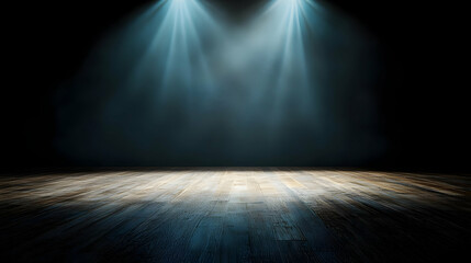 Obraz premium Dark Stage Illuminated By Bright Blue Spotlights With Textured Floor and Empty Space