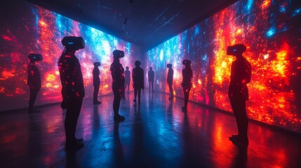 Immersive VR Experience: A Group of People Wearing VR Headsets Standing in a Room Surrounded by Abstract Digital Art on Walls, Experiencing Virtual Reality