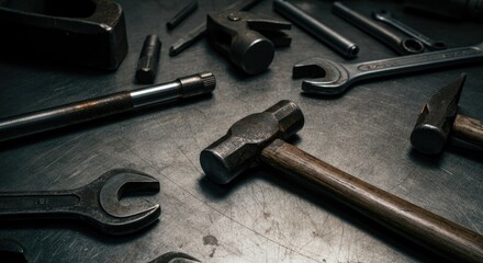 Various hand tools on metal surface