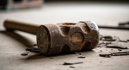 Close-up of rusted sledgehammer on concrete, surrounded by debris