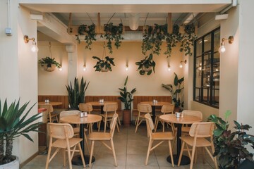 Cozy cafe interior with wooden tables and lush greenery creating a welcoming atmosphere for patrons