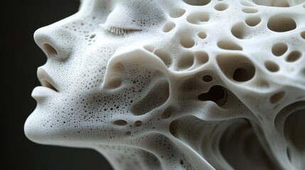 Intricate Biological Sculpture: A Surreal Portrait of Organic Complexity, Featuring Cellular Patterns and Delicate Features in a Monochromatic, Abstract Composition.