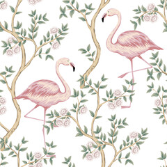 Flamingo bird, pink rose tree floral seamless pattern white background. Chinoiserie wallpaper.