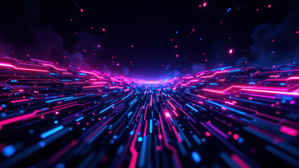 Dynamic digital art illustrating complex interconnected systems often found in DevOps environments, featuring vibrant cybernetic imagery with neon lights and a tunnel of data flow.