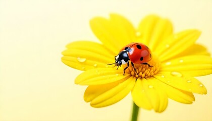 Fototapeta premium Una fotografía macro muestra una mariquita sobre un pétalo de flor amarilla cubierto de gotas de agua