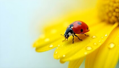 Obraz premium Una fotografía macro muestra una mariquita sobre un pétalo de flor amarilla cubierto de gotas de agua