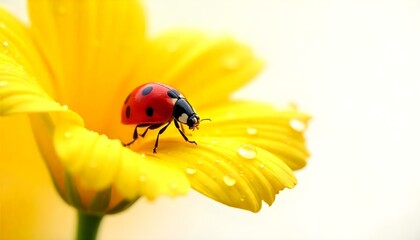 Obraz premium Una fotografía macro muestra una mariquita sobre un pétalo de flor amarilla cubierto de gotas de agua