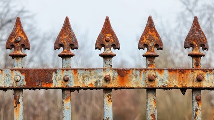 Rusty metal fence with ornate spearhead tops