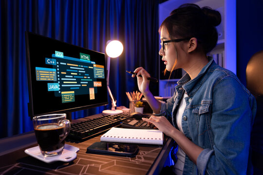 Software development or programming work with coding screen of various programming languages like HTML, Python, Java, and C brisk for new application development