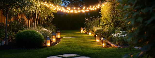A photo of an outdoor garden at night, featuring string lights hanging above the lawn
