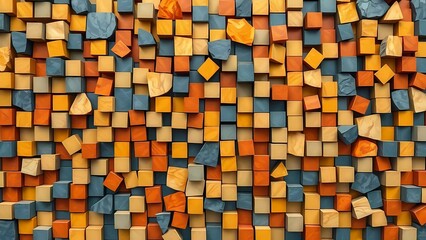 Fototapeta premium Abstract wooden cubes stacked with colorful texture, creating a modern 3D geometric backdrop with depth and balance