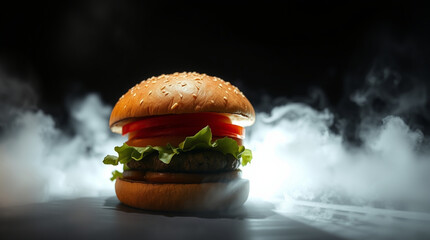  The hamburger should have a juicy, slightly toasted sesame seed bun on top and bottom on black background 