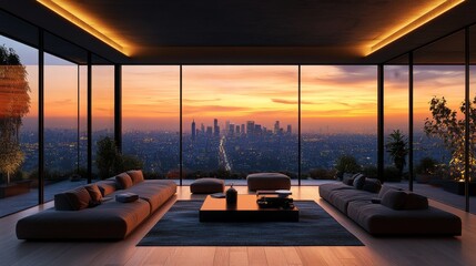 Fototapeta premium Luxury Modern Living Room Overlooking a Stunning Cityscape at Sunset, Floor-to-Ceiling Windows & Elegant Decor Create a Serene Oasis with Panoramic Views.