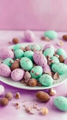 Easter Egg Delights: A close-up shot of a plate overflowing with pastel-colored speckled Easter eggs, hinting at the springtime celebration and the joys of indulgence. 