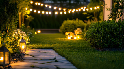 Fototapeta premium A photo of an outdoor garden at night, featuring string lights hanging above the lawn 