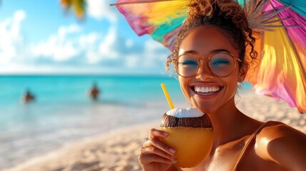 Smiling Woman Enjoying a Coconut Drink on the Beach Under an Umbrella. Generative AI