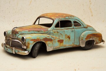 The vintage weathered teal automobile with distressed metal surfaces