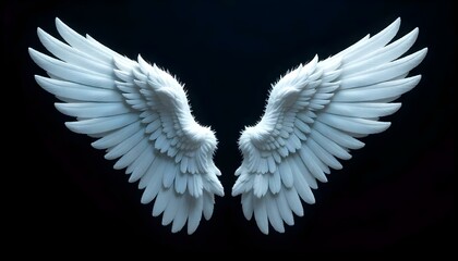 Fototapeta premium Dos alas de ángel blancas sobre fondo negro, arte digital, iluminación suave y difusa, esquema monocromático, texturas suaves