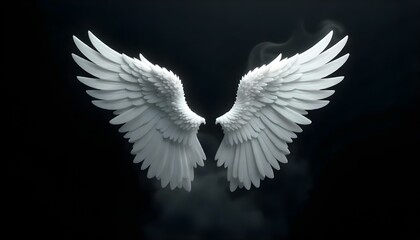 Dos alas de ángel blancas sobre fondo negro, arte digital, iluminación suave y difusa, esquema monocromático, texturas suaves